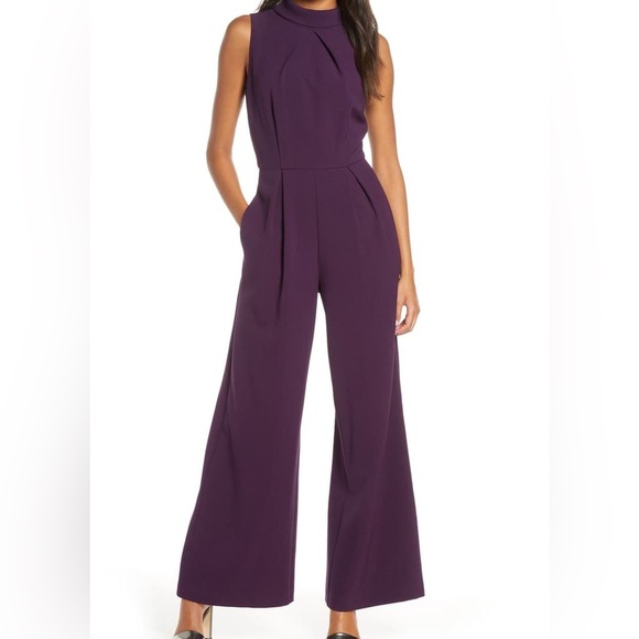 Julia Jordan Deep Purple Mock Neck Wide Leg Jumpsuit - Picture 1 of 8